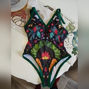 Tropical Print One-Piece Swimsuit Tie Straps